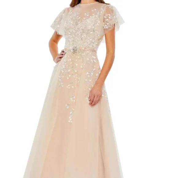 MAC DUGGAL 20362 EMBELLISHED FLUTTER SLEEVE BOW WAIST A-LINE NUDE GOWN sz 8 - Picture 1 of 6